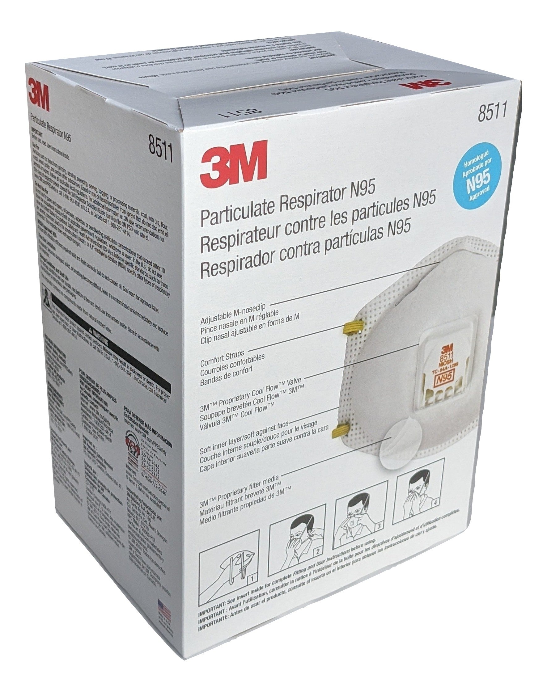 3M 8511 N95 Particulate Respirator disposable mask, NIOSH approved - Box of 10