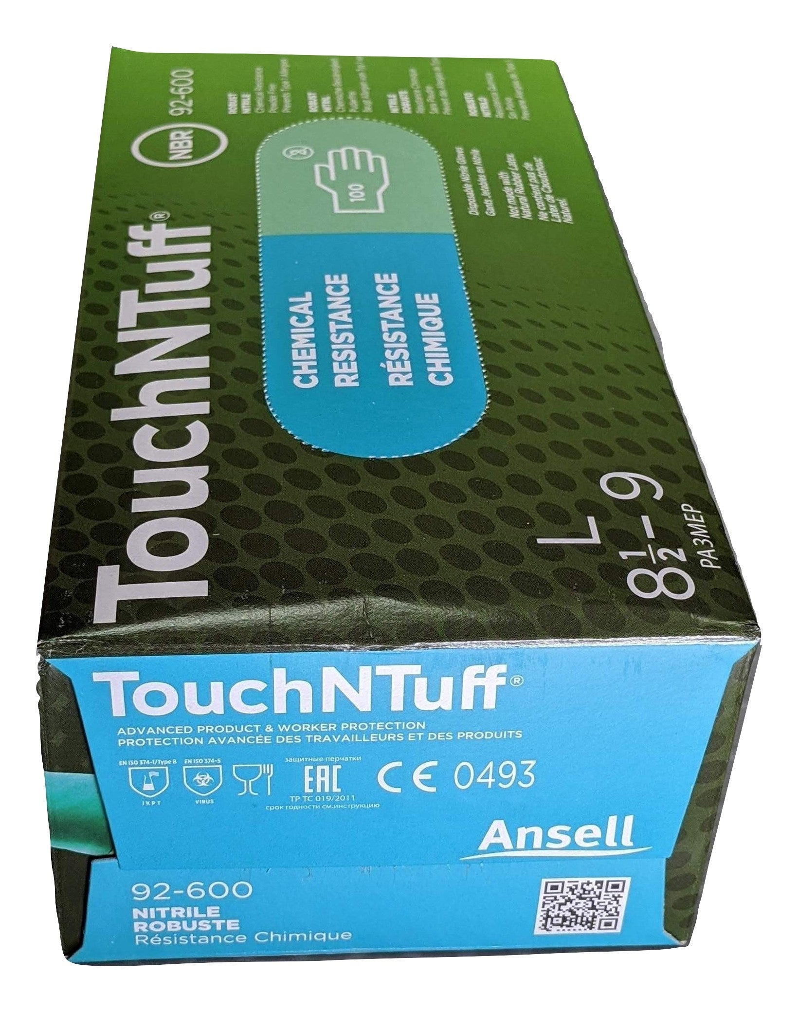 ANSELL TouchNTuff 92-600-L Chemical Resistant Nitrile powder free disposable gloves, Size LARGE - Case of 1000 (10 Boxes)