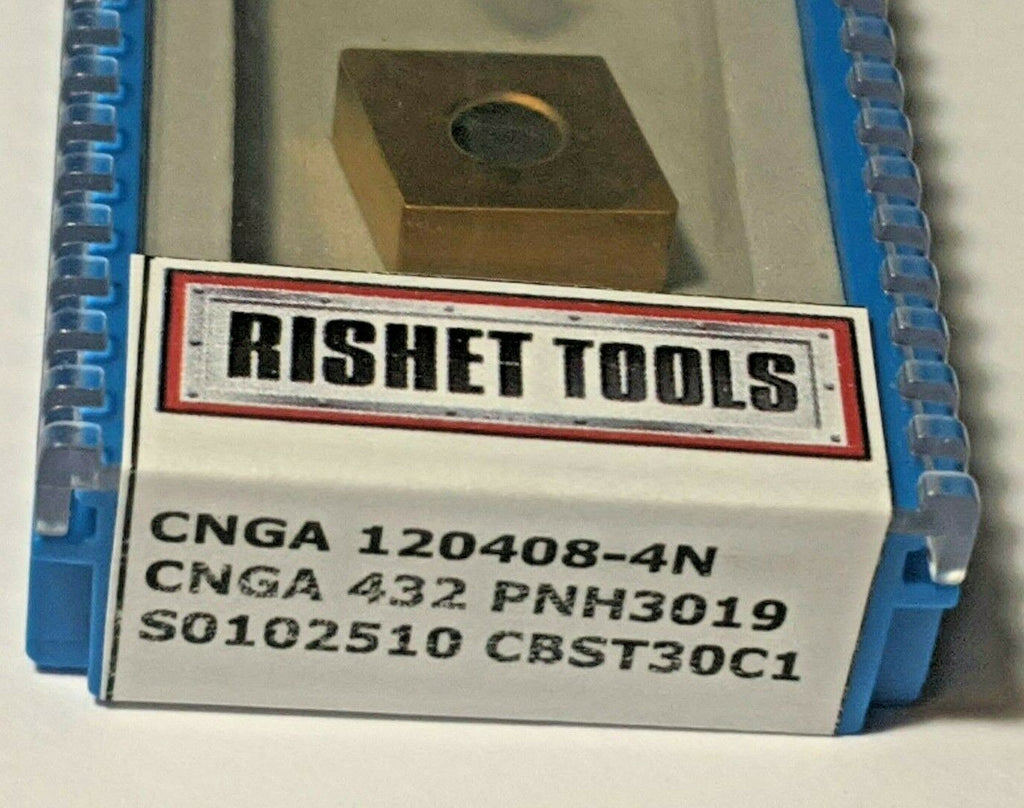 RISHET TOOLS CNGA 432-4N S0102510 CBN carbide insert Grade PNH3019, Tip Shape CBST30C1, TIN Coated, 4 tips for turning Hardened Steel - Heavy Interrupted cutting